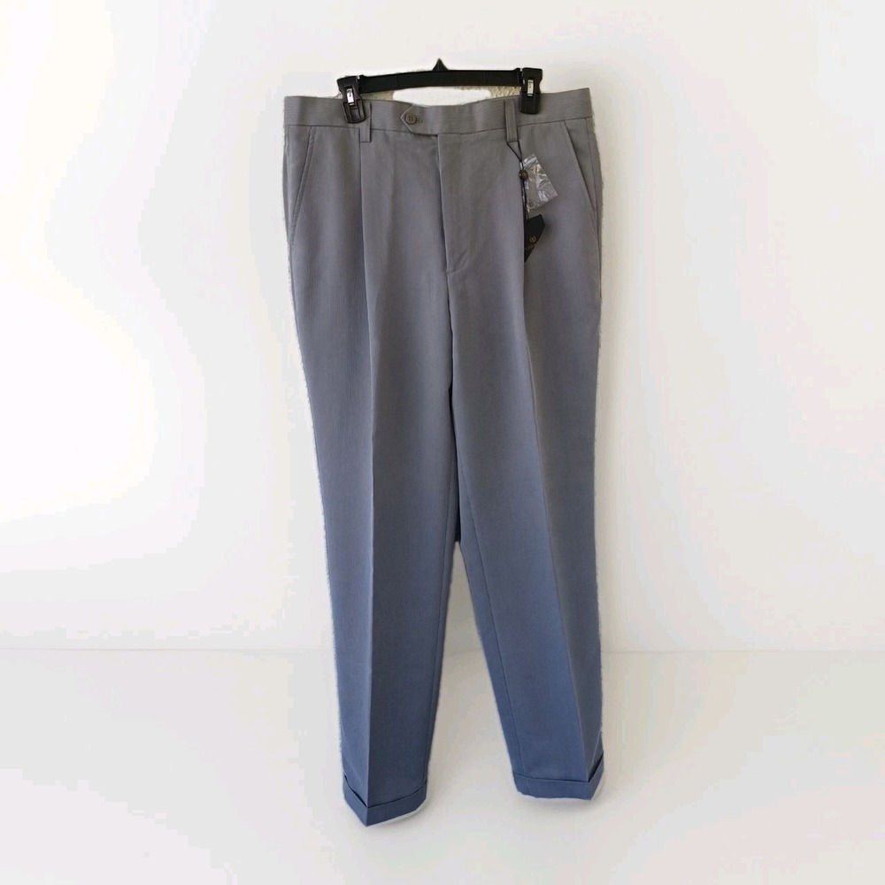 Bugatchi Uomo Mens Grey Pleated Cuffed Dress Pants Textured‎ Tencel 36x32 NEW